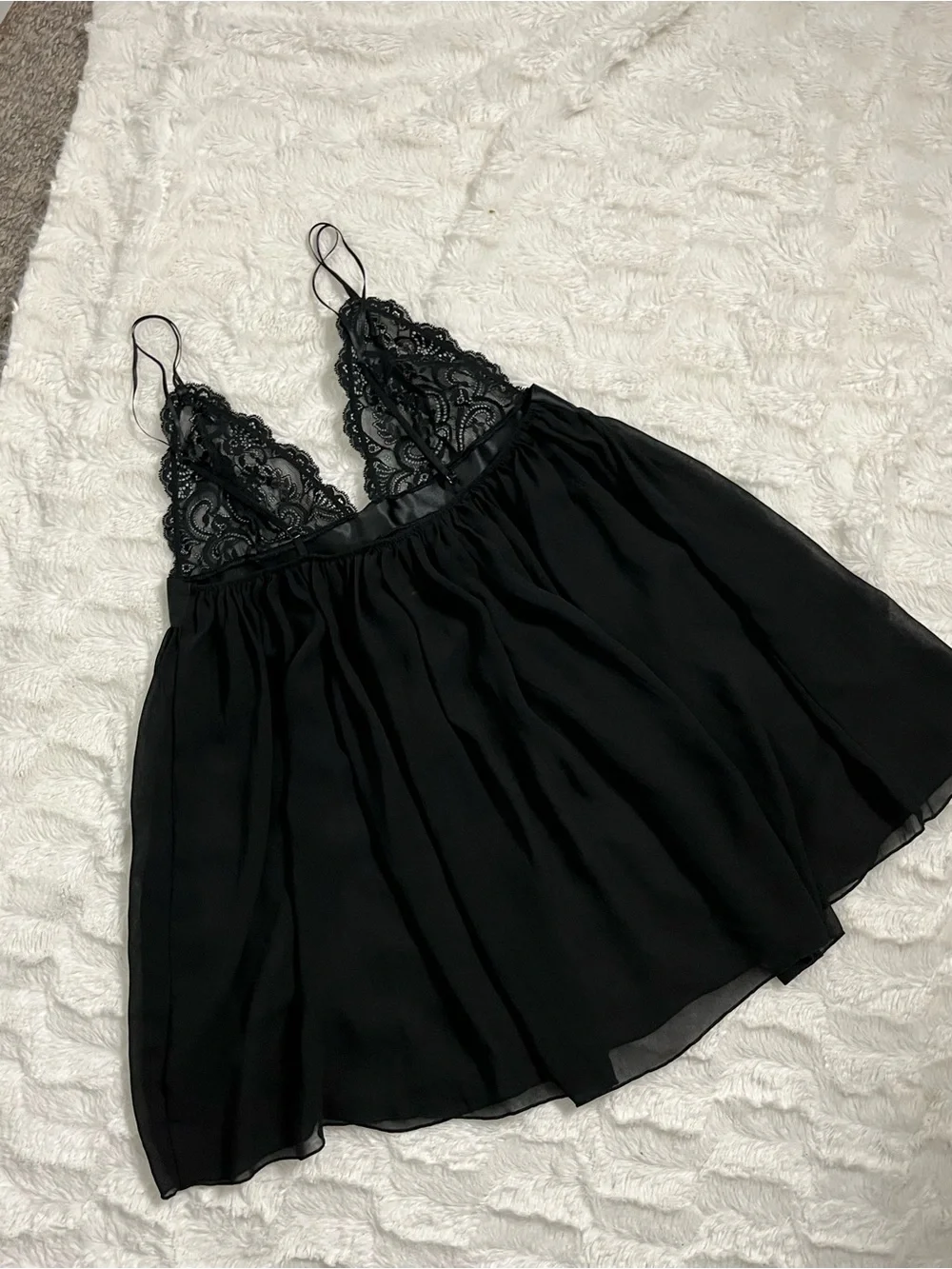 Victorias Secret M Black Lace Babydoll Slip Dress Coquette Bow Sheer Nightgown